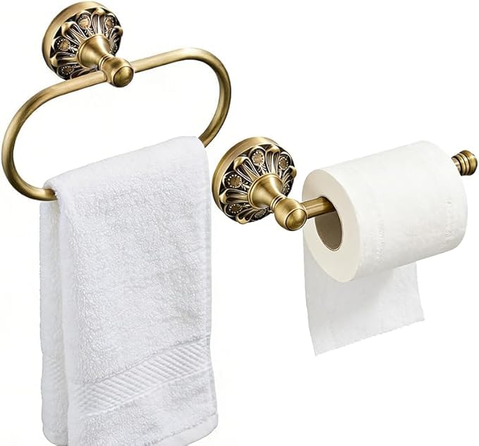 Antique Toilet Paper Holder 2 Pcs Gold Brass Hand Towel Ring Vintage Tissue Roll Set, Wall Mounted Bathroom Paper Hanger Hardware Decor Accessories(Oval)