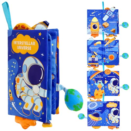 Image of YOGINGO Baby Books - Montessori Toys Interstellar Universe Theme Baby Cloth Books 6 to 12 Months, Soft Stuffed High Contrast Crinkle Infant Sensory Toys, Boys&Girls Kids Early Learning Gifts