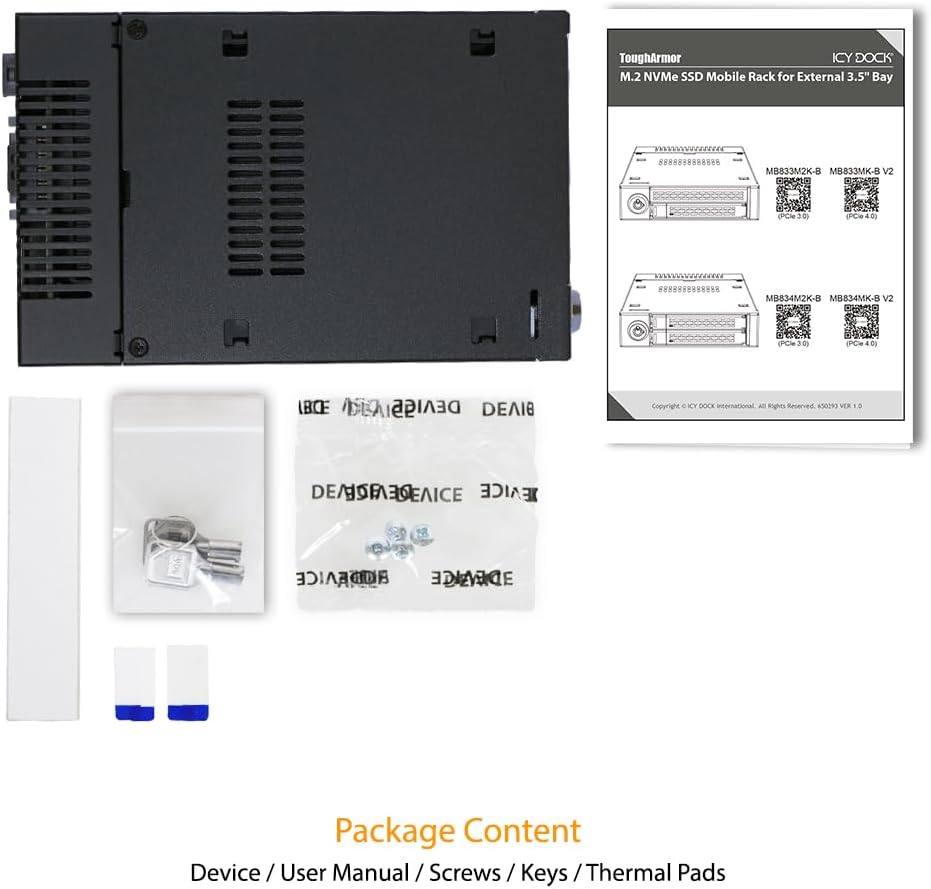 ICY DOCK M.2 PCIe 3.0/4.0 NVMe SSD Removable Mobile Rack Enclosure for External 3.5” Drive Bay | ToughArmor MB833M2K-B