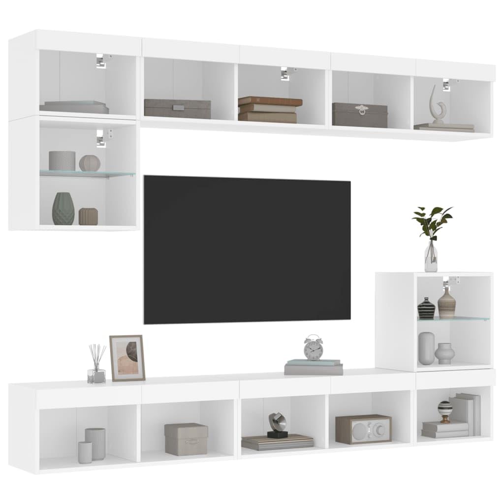 8-częściowy zestaw mebli TV z oświetleniem LED RGB, biały, montowany na ścianie, z tworzywa drewnopochodnego, odporny na wilgoć, dużą przestrzenią do przechowywania książek