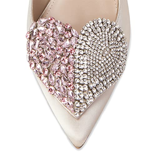 XYD Women's Pointed Toe Heart Shaped with Stitching Rhinestones Studded Slip On Stiletto Heels Sexy Wedding Pumps Shoes4