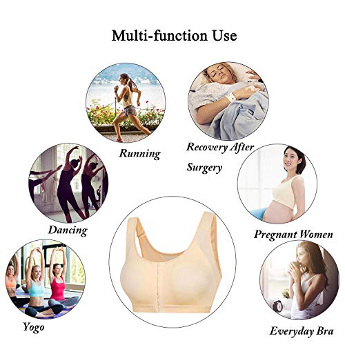 Women's Wireless Post Surgery Sports Bra Front Closure Comfort Brassiere With Adjustable Straps Beige #TOP5