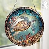 Sea Turtle Decor Suncatcher Stained Glass Window Hanging - Handmade Suncatchers for Windows Hanging - Sea Art Sun Catchers Indoor Outdoor Garden Ornament - Mothers Day Birthday Gifts for Mom Grandma
