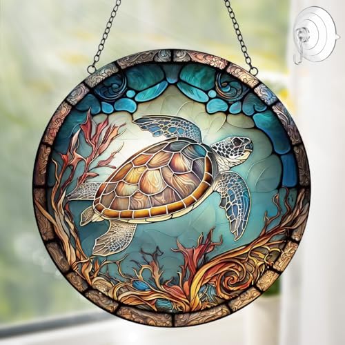 Sea Turtle Decor Suncatcher Stained Glass Window Hanging - Handmade Suncatchers for Windows Hanging - Sea Art Sun Catchers Indoor Outdoor Garden Ornament - Mothers Day Birthday Gifts for Mom Grandma