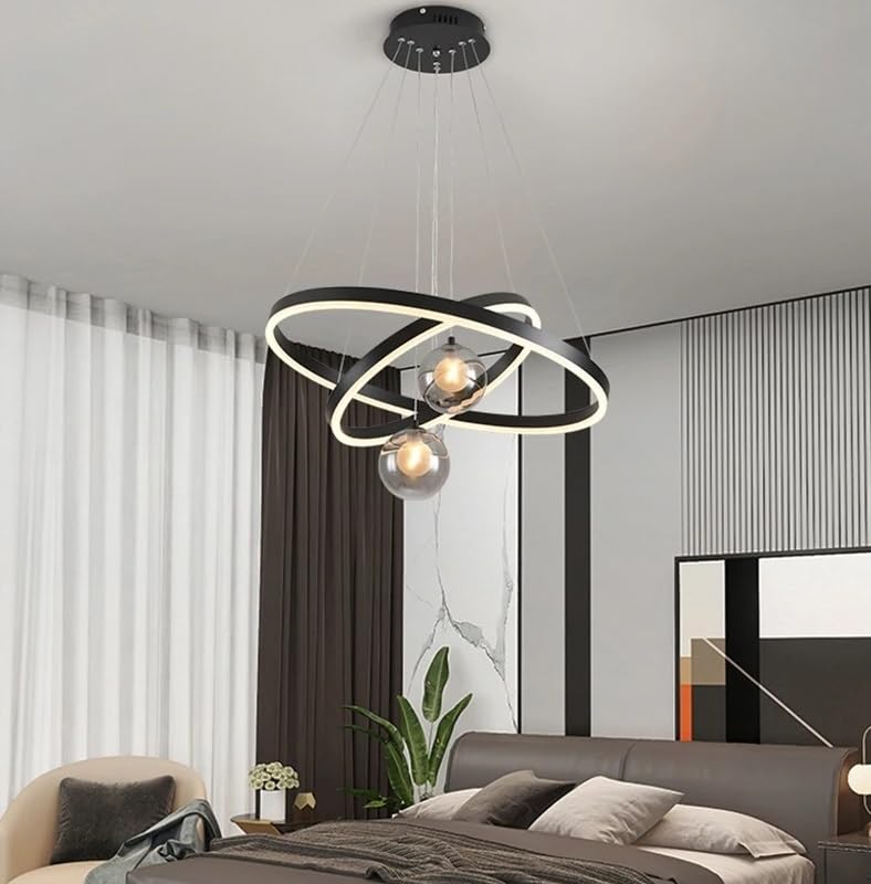 Lustre moderne LED noir double cercle 60-80 cm blanc froid pour éclairage séjour