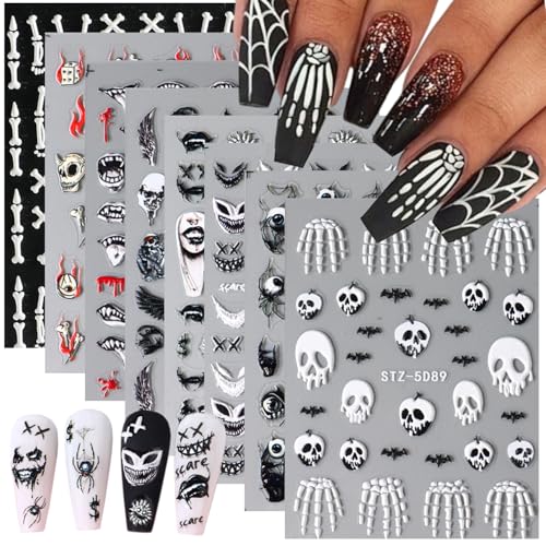 8 Sheets Halloween Nail Stickers for Nail Art 5D Self-Adhesive Gothic Bat Skeleton Spider Nail Decals Black White Claw Nail Design Stickers Halloween Nail Art Supplies for Women DIY Manicure Tip