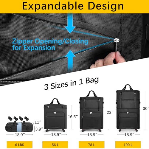 Foldable travel bag, Black travel bag, Expandable large capacity luggage bag, Rotatable luggage bag with wheels, Unisex2