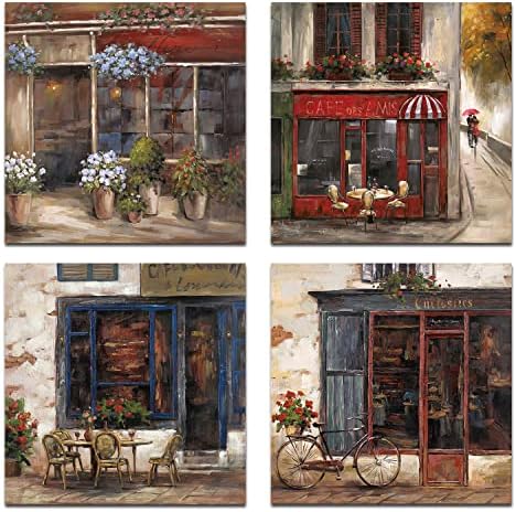 DOCLY&WOPL Coffee House Wall Art Decor French Country Street Cafe Oil Painting Canvas Art Prints Set of 4 Dinning Room Kitchen French Decor Gift, Ready to Hang
