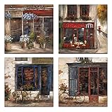 DOCLY&WOPL Coffee House Wall Art Decor French Country Street Cafe Oil Painting Canvas Art Prints Set of 4 Dinning Room Kitchen French Decor Gift, Ready to Hang