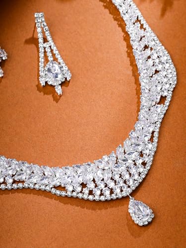 Image of Yellow Chimes Jewellery Set for Women | White Stone Necklace Set for Women | Cubic Zircon Silver Diamond Jewellery Set |Rhodium Plated Necklace Set | Birthday Anniversary Gift for Women Wife