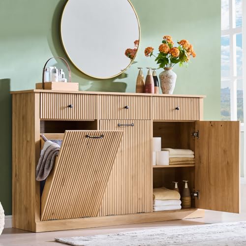 Image of IFBUY Triple Tilt Out Laundry Hamper Cabinet, Modern Fluted Trash Can Cabinet with 3 Drawers, 20 Gallon Hidden Garbage Can Cabinet w /Laundry Basket & Adjustable shelf for Bathroom,Kitchen, Natural Oak