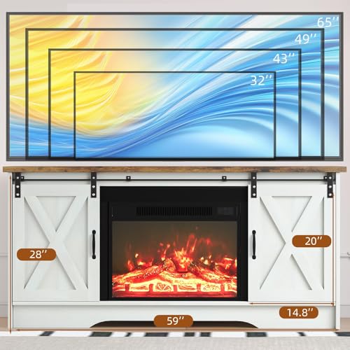 4 EVER WINNER Fireplace TV Stand with Sliding Barn Door, 23” Electric Fireplace Entertainment Center with Adjustable Storage Cabinets, Farmhouse TV Console Table for Living Room, White