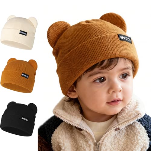 Image of SPEDOL Winter Newborn Toddler Hat: Knit Bear Ears Keep Warm for Boy and Girl 0-8 Years Old (3 Pack)