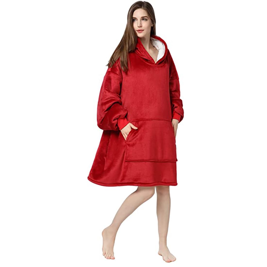 Oversized Hoodie Blanket Women Ultra Plush Fleece with Soft Sherpa Reversible Warm Cosy Comfy Wearable Hooded Giant Sweatshirt Throw for Girls Adults Men Boys Kids Big Pocket