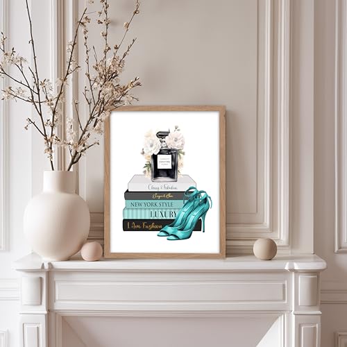 Image of Poster Master Designer Print - Fashion Poster - Shoes, Perfume & Flower Art - Chic Gift for Women & Fashionista - Luxury Haute Couture Decor for Bedroom or Girl's Room - 11x14 Beige Framed
