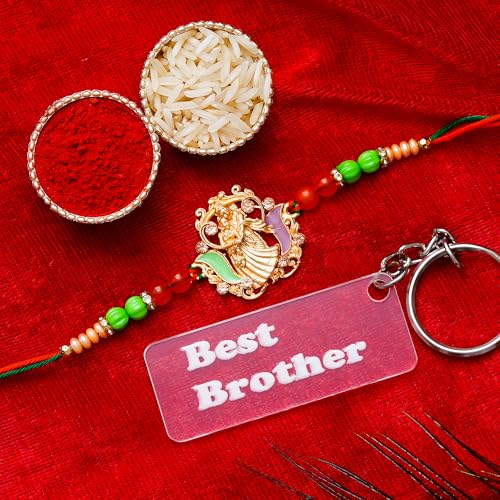 Image of Bhai Bhabhi Rakhi Set - Peacock Designer Rakhi with Stone & Pearl Work Lumba with Tassel for Bhabhi | Raksha Bandhan Gift