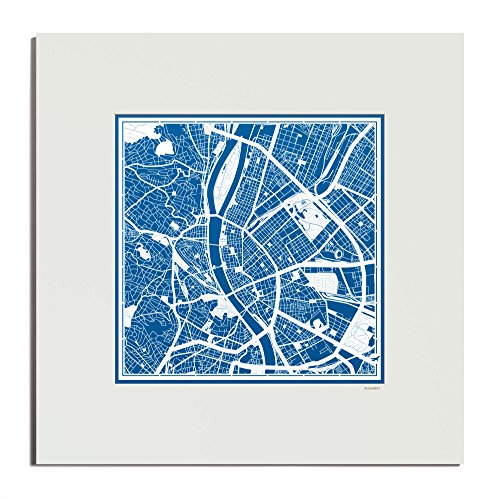 O3 Design Studio Budapest Paper Cut Map Matted Blue 20x20 in. Paper Art