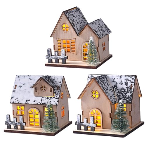 Lot de 3 Maisons de Village Noël Lumineuses avec Toit en Neige en Bois et décoration d'arbre pour centres Table Noël, décoration d'intérieur Vacances