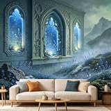 Carta da parati su misura, motivo architettura ad arco gotico, montagna nebbiosa e fiori blu, stampa artistica autoadesiva, tessuto rimovibile, grande carta da parati per la decorazione della casa e