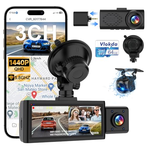 Vlokda 3 Channel Dash Cam for Cars, Front Inside and Rear Car Camera for Uber Taxi, 2.5K+1080P+1080P with 5GHz WiFi & APP, 64GB Card, G-Sensor, 24H Parking Mode, Loop Recording, IR, Night Vision