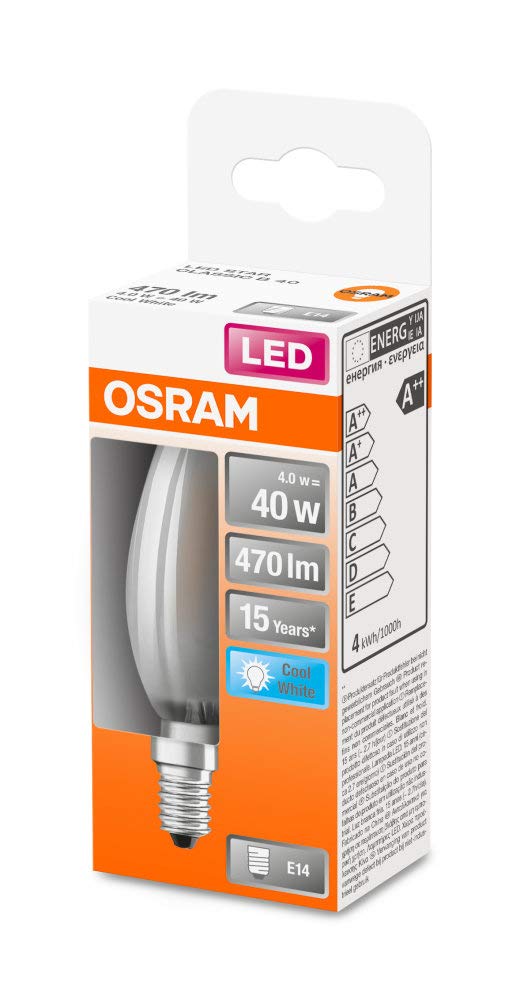 OSRAM Filament LED Lampe mit E14 Sockel, Kaltweiss (4000K), Kerzenform, 4W, Ersatz für 40W-Glühbirne, matt, LED Retrofit CLASSIC B, 10er-Pack