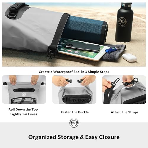 Image of STOVER 5 /10 /25 /30 /40L Waterproof Dry Backpack & Phone Case- Large Floating Dry Bag for Kayaking, Travel, Hiking, Fishing, Camping, Motorcycles & Beach, Heavy-Duty Roll Top Men /Women (Grey)