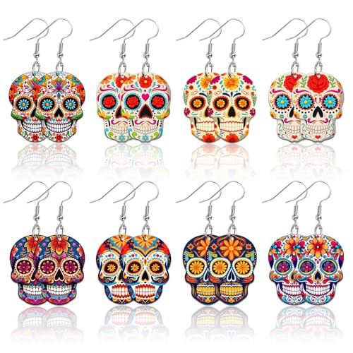AUGSUN 8 Pairs Day of the Dead Earrings for Women Skull Acrylic Jewelry