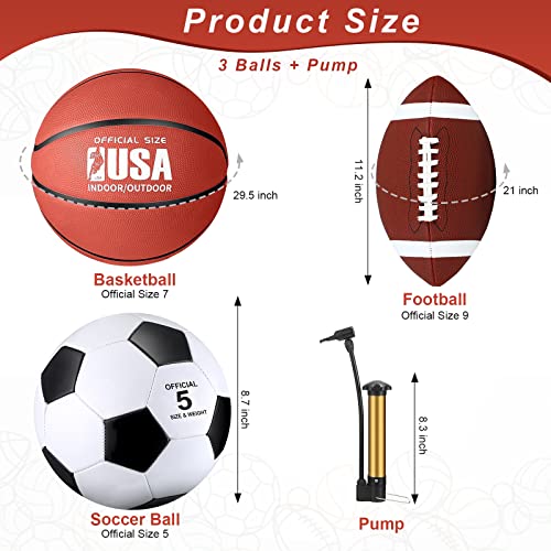 3 Pcs Sports Balls Multi Sport Set, Including Official Size 5 Soccer Ball Size 7 Basketball Size 9 Football With 1 Pump For Kids Teens Youth Adults Sports Equipment Sport Gift (Brown, White) #TOP1