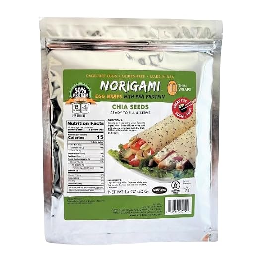 Norigami Egg Wraps Pea Protein -High Protein,Low Carb,Vegetarian Thin Healthy Wrap for Sandwiches - Ready To Fill And Serve-Certified Kosher,Non GMO,Gluten Free - 6 Wraps Pea Wrap Chia Seeds (2 Packs)