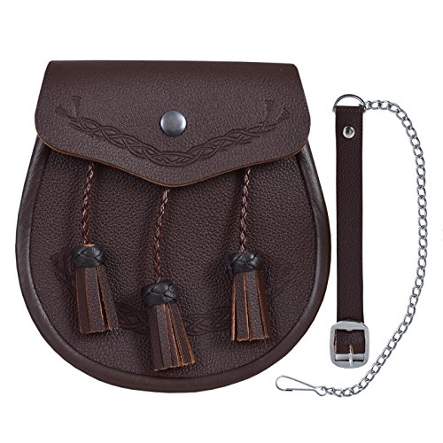 Brown Embossed Celtic Classic Leather Kilt Sporran Free Chain Strap