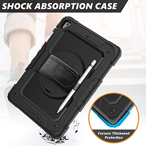 Hxcaseac Case For Ipad Pro 9.7" Inch & Air 2 & 9.7 Inch Case 2018/2017/2016/2014 With Screen Protector Pencil Holder, Shockproof Case With 360 Degree Rotating Hand Strap/Stand For Ipad 9.7" - Black #TOP6