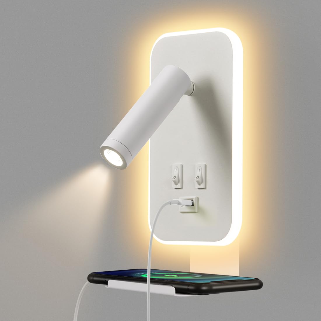 Awekliy Luz de Pared LED Con Interruptor, Puerto de Carga USB y Bandeja Para Teléfono - Iluminación Ambiental de Dormitorio (3W Natural + 9W Cálida) Blanco