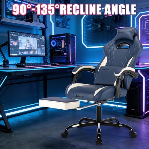 Image of Gaming Chair with Footrest and Massage Lumbar Support, Ergonomic Computer Gamer Chair, Office Video Game Chairs (Blue)