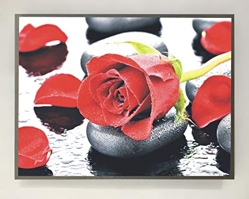 Bild mit Rahmen aus Holz lackiert in weiß beleuchtet mit rosa LEDs Zen