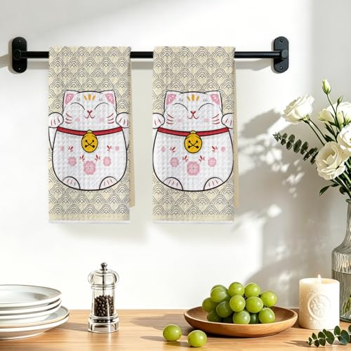 Image of 2 Pcs Cute Cat Kitchen Towels 14x24 Inch, Adorable Cats Waffle Hand Towels for Kitchen Home Farmhouse, Cat Lover Gifts for Cleaning Drying Wiping Tasks Dish Cloth Tea Towel Housewarming Gifts
