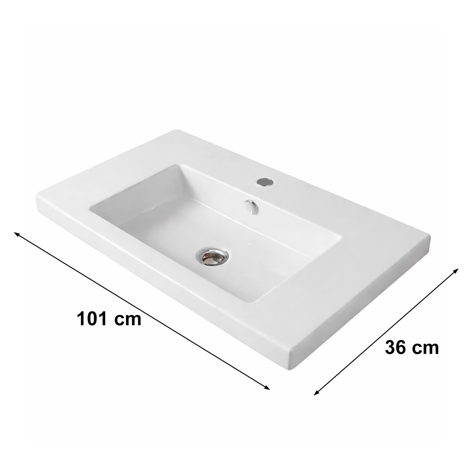 BRICOZONE Lavabo Da Incasso Rettangolare 101x36 Cm In Ceramica Bianca Lucida Monoforo Con Troppopieno Installazione Sottopiano O Soprapiano Per Bagno Moderno
