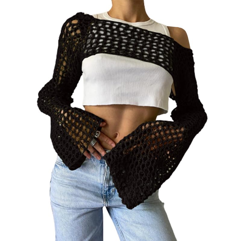 Women's See-through Mesh Crochet Crop Tops With Long Sleeves, Hollow Patterns, Knit Sweater-Style, Ideal for Beach Cover-Ups, Casual Summer Wear.-image-3