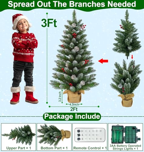 Amenon Remote Control - 3 Ft Artificial Mini Christmas Tree, Tabletop Christmas Tree With 50 Warm White & Colorful Lights Timer Battery Operated 110 Branches 12 Pinecones 84 Red Berry Burlap Base Xmas Decor thumb #1
