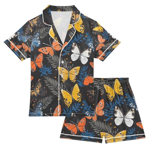 senya Butterflies Colorful Leaves Satin Summer Pajama Sets Silk Short Sleeve Button Down Sleepwear