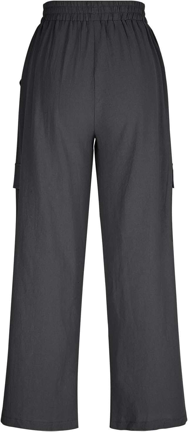 Womens Summer Wide Leg Cargo Pants Elastic Waist Casual Lounge Vacation Beach Palazzo Trouser with Pockets
