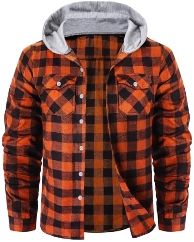 Image of Cromoncent Men Flannel Hoodie Plaid Button Down Jacket Long Sleeve Shirts