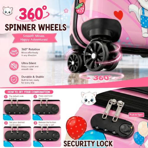 Image of Storite 18In Kids Luggage Trolley Hard Shell Cabin Suitcase | Cute Cartoon Kitten Design Suitcase Ideal For School Trips Vacations Holidays And Weekend Travel (Pink - 35 x 23 x 38 Cm)