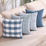 CARRIE HOME Light Blue Pillow Covers Farmhouse Plaid Throw Pillows 18x18 Set of 4 Spring Summer Blue