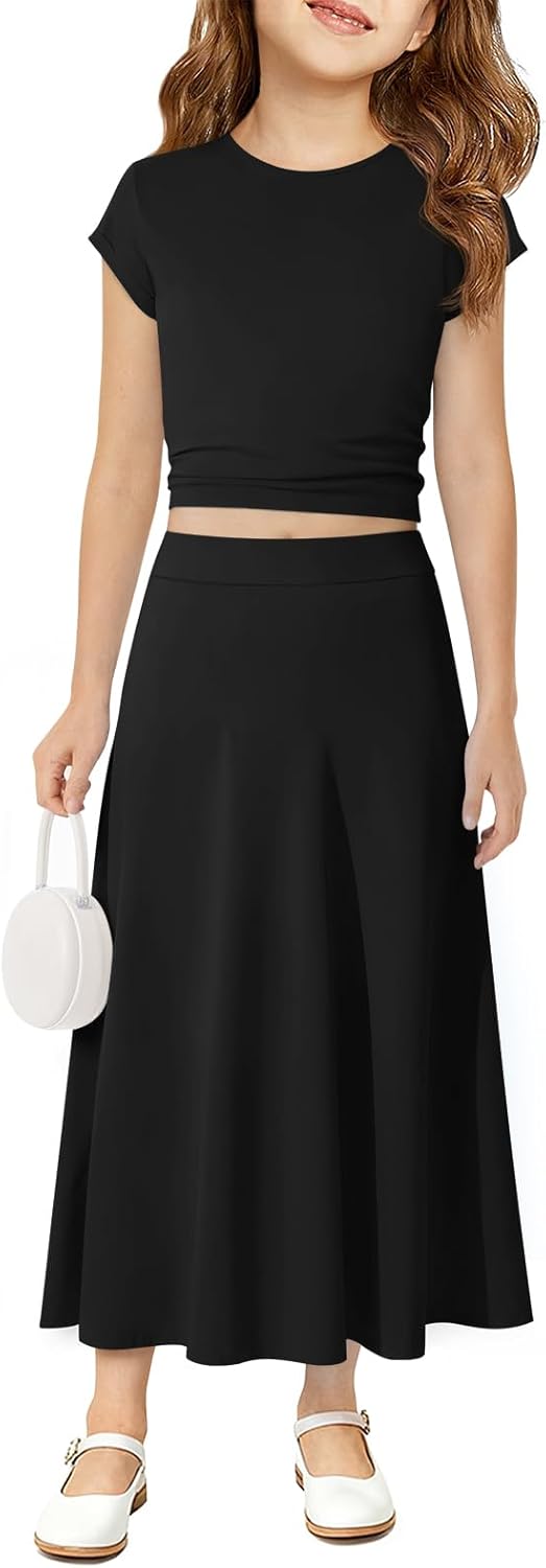 Haloumoning Girls 2 Piece Maxi Skirt Set Kids Ribbed Knit Crop Top and Elastic Waist Long Skirt Sets Outfits 5-14 Years