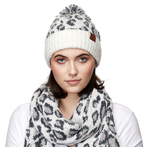Image of C.C Exclusives Soft Beanie hat with Leopard Pattern and Fur Pom(HAT-7001)(SF-7001)