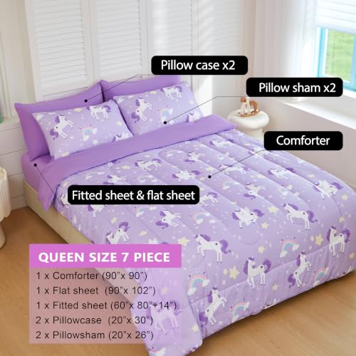 Image of Purple Unicorn Bedding Set - Super Soft Microfiber Queen Size 7 Piece Bed in a Bag, Comforter Set with Sheets, Pillowcase & Sham for Girls Kids (Purple Dreamy Unicorn, 7 Piece Queen Size)