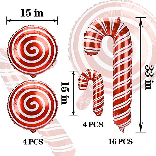 PartyFUN 24pcs Christmas Candy Canes Balloons, Foil Balloons for Christmas Theme Party Decorations (16 oversized and 4 mini Candy Canes & 4 Round Candies)