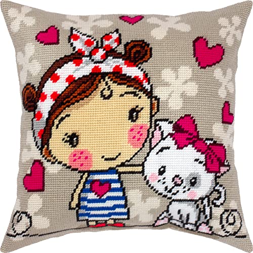 Image of Brvsk Tender Needlepoint Kit for Adults and Beginners - A Girl and a Kitten 16″ x 16″ with Clear, Precise Printed Design on Cotton Canvas; Includes 2 Needles, Yarn, and Easy-Read Chart
