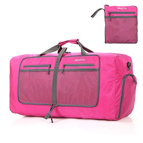 Bekahizar 60L Foldable Duffle Bag Large Lightweight Packable Travel Weekend Duffel with Shoe Compartment and Shoulder Strap for Luggage, Gym, Sport, Camping, Storage, Shopping (Rose Red)