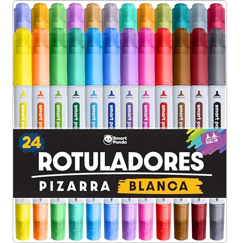 SmartPanda Rotuladores Pizarra Blanca, Punta Doble, Mediana y Fina – Borrado en Seco para el Hogar u Oficina – 24 Colores